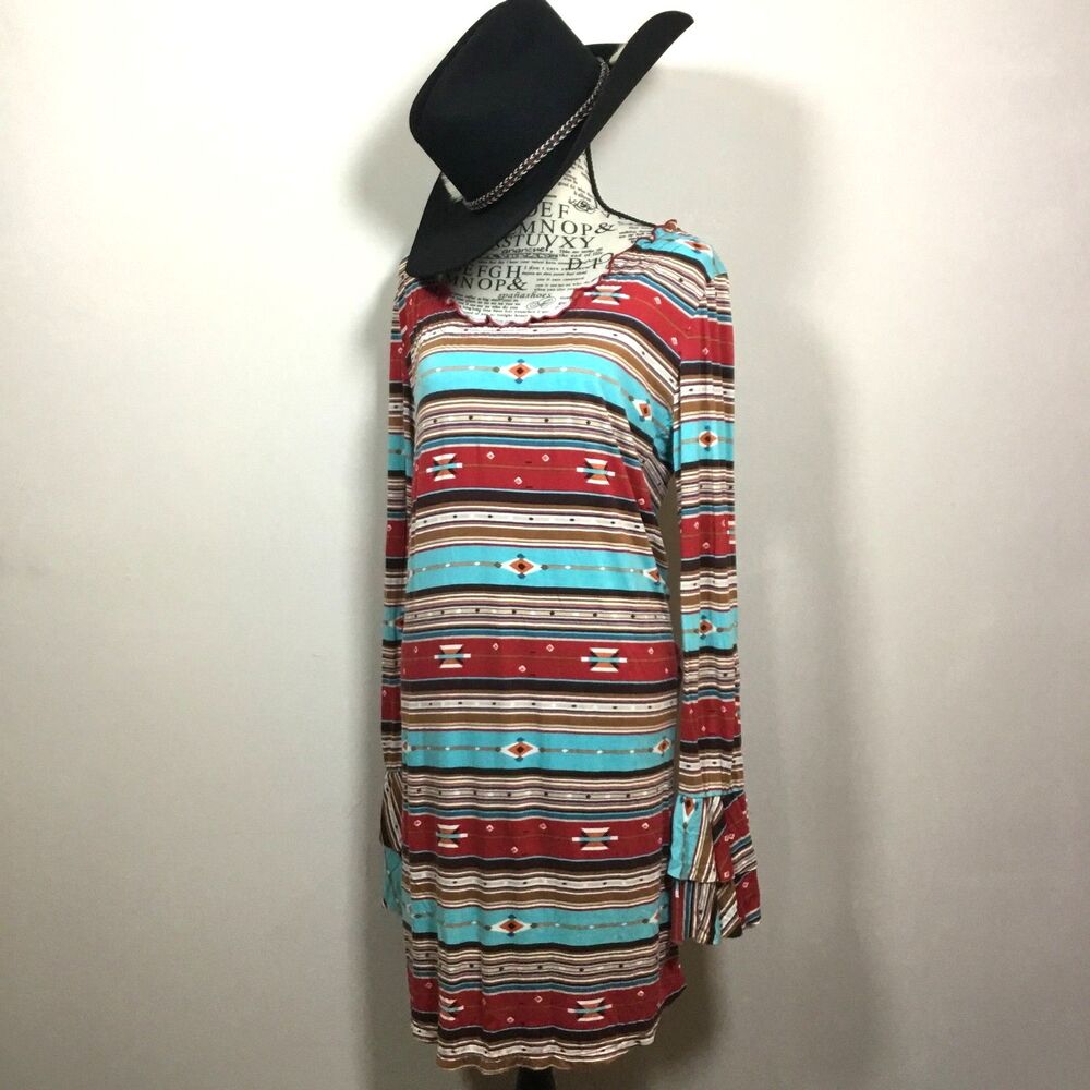 Western pattern stretchy dress bell ruffle cuff scoop neck Cowgirl southern sz S